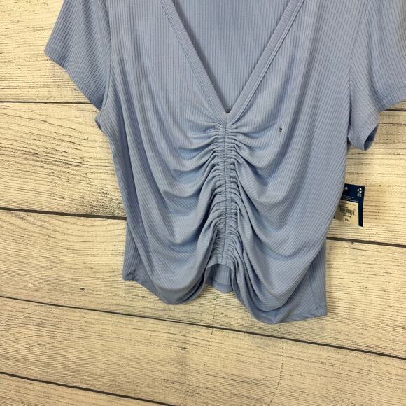 Arizona Jean Co Plus Size Light Blue Ribbed Short Sleeve Cinched Top Size XXL - Picture 2 of 8